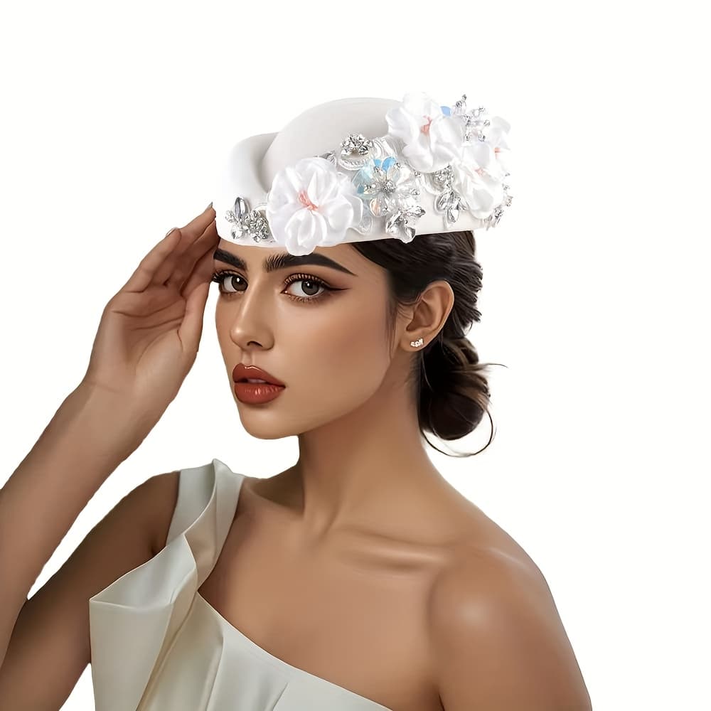TEMU Elegant British Style Felt Beret With Floral Accents For Women, Vintage Polyester Beanie, Formal Hair Accessories, Perfect For Occasion Themed Wedding Parties , Gifts For Her