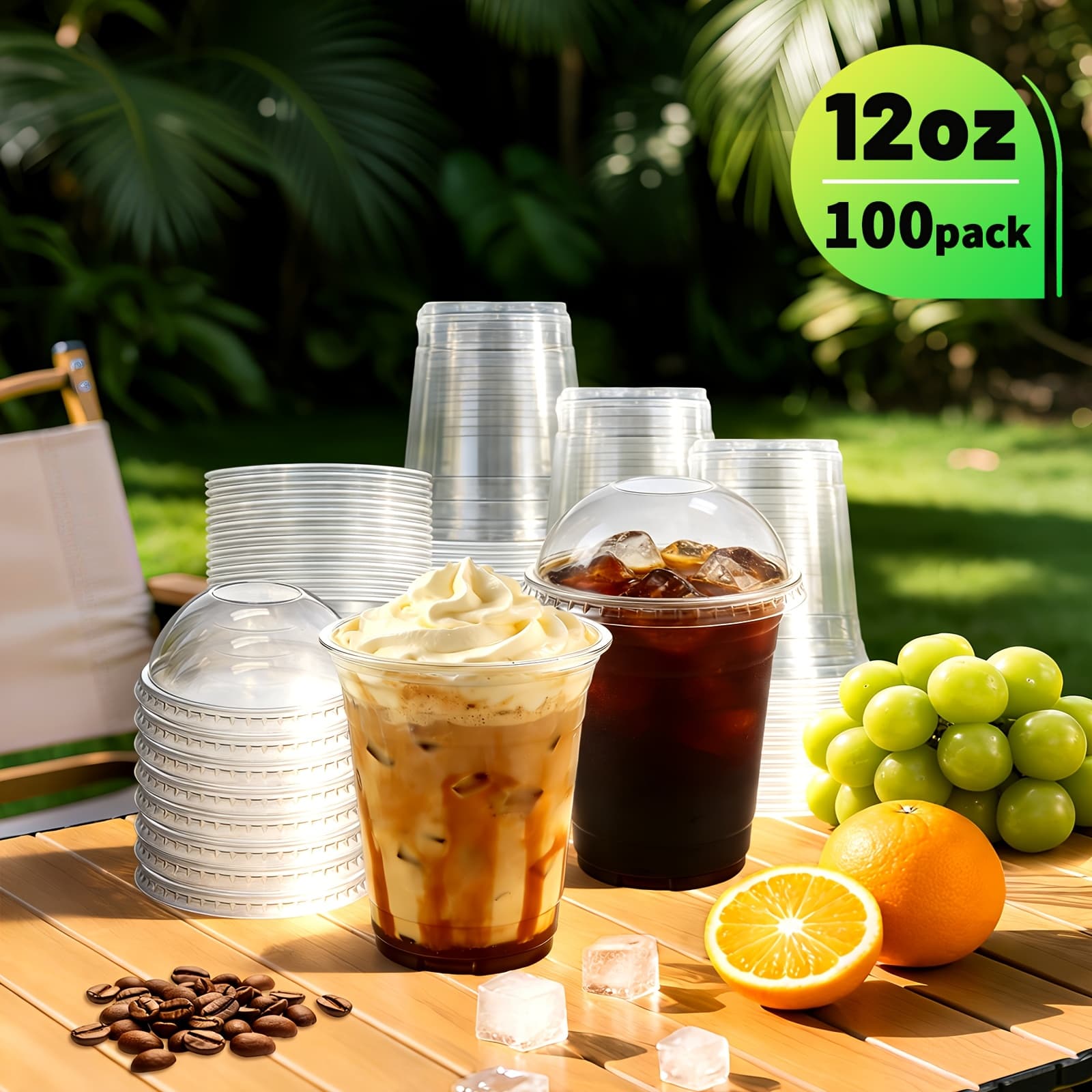 TEMU 100 Pack 12oz Clear Plastic Cups With Dome Lids, Leakproof Heavy Duty Disposable Drink Cups For Iced Coffee, Bubble Tea, Smoothies & Juice, Stackable Cups For Cafe & Food Service
