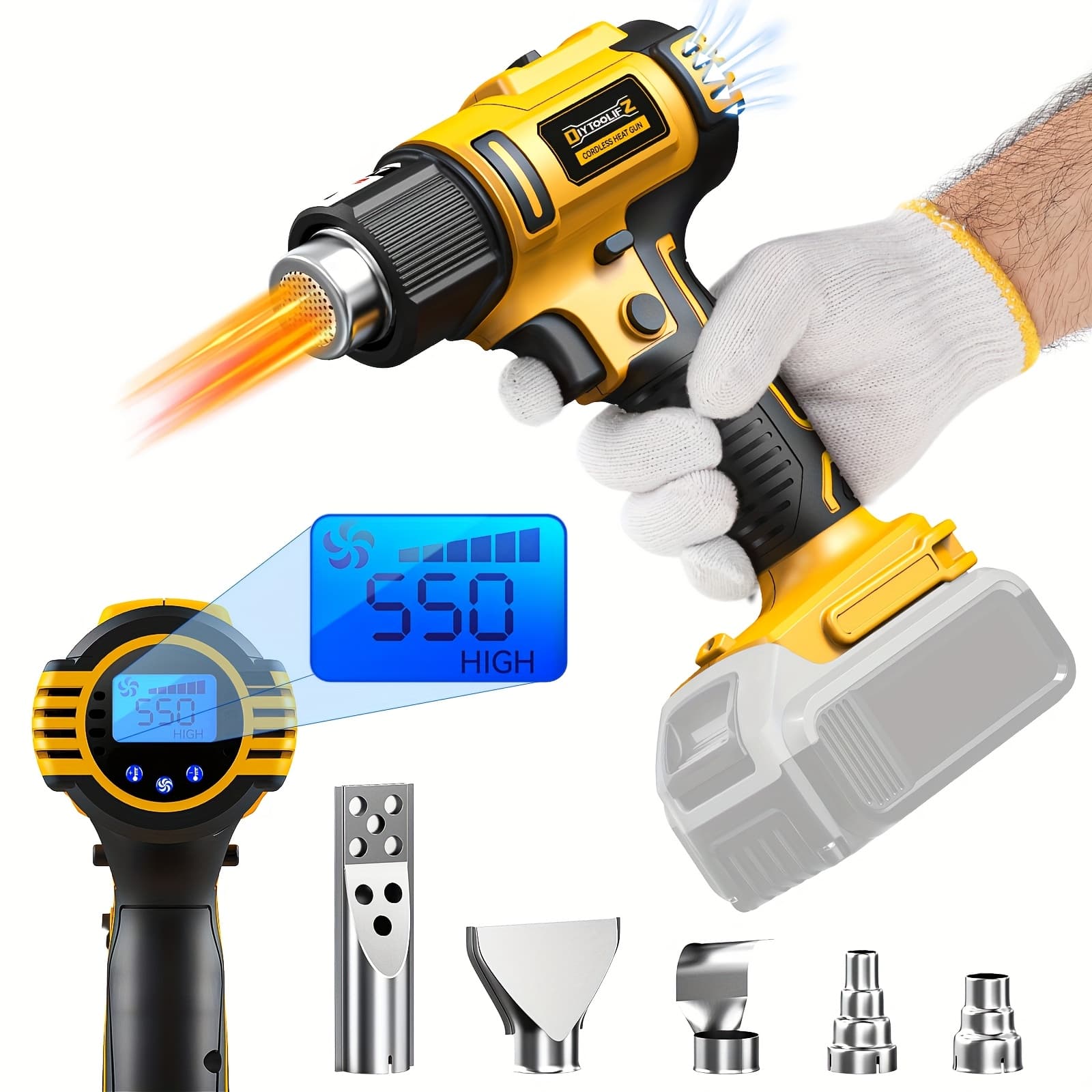 TEMU Diytoolifz Heat Gun For 20v Battery, 350w Rated 1022°f Heavy Duty Hot Air Gun Kit, Led Digital, Heat Gun Tool With 4pcs Nozzles & Scraper For Crafts, Shrink Wrap, Wire Connection (do Not Battery)