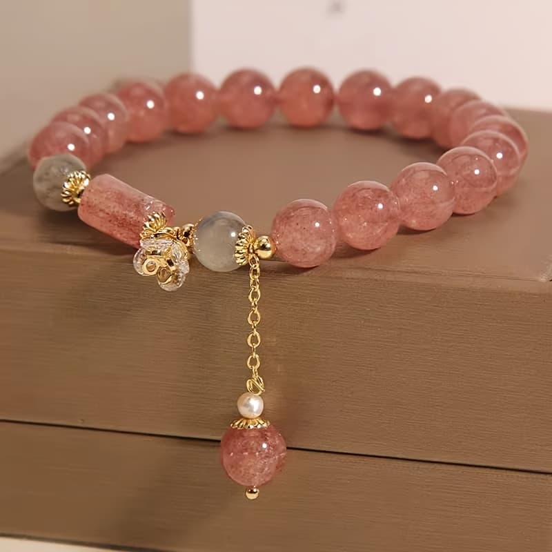 TEMU A Bracelet Made Of Strawberry Crystals And Beads For Women, Featuring A Stylish And Subtly Luxurious Bamboo