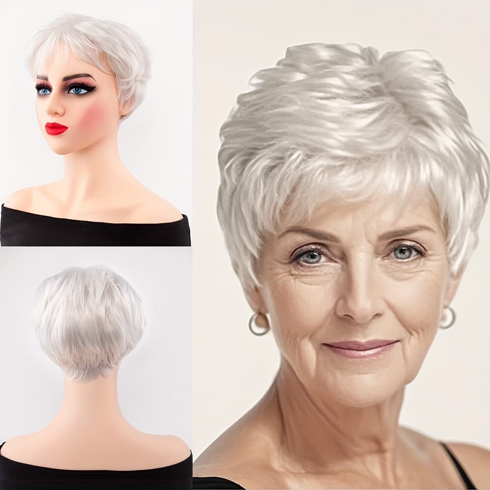 TEMU Natural Fluffy White Short Curly Hair With Slanted Bangs Wig For Women, Heat-resistant, Daily Wear, Party, Halloween Wig
