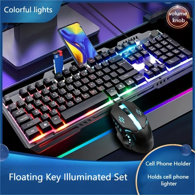 TEMU Ergonomic Gaming Keyboard - Wired, Mechanical Feel, Led Color Backlight, Usb Connection, 104 Keys Full Metal Panel, Multimedia Knob And Laptop Phone Holder Gift Boyfriend