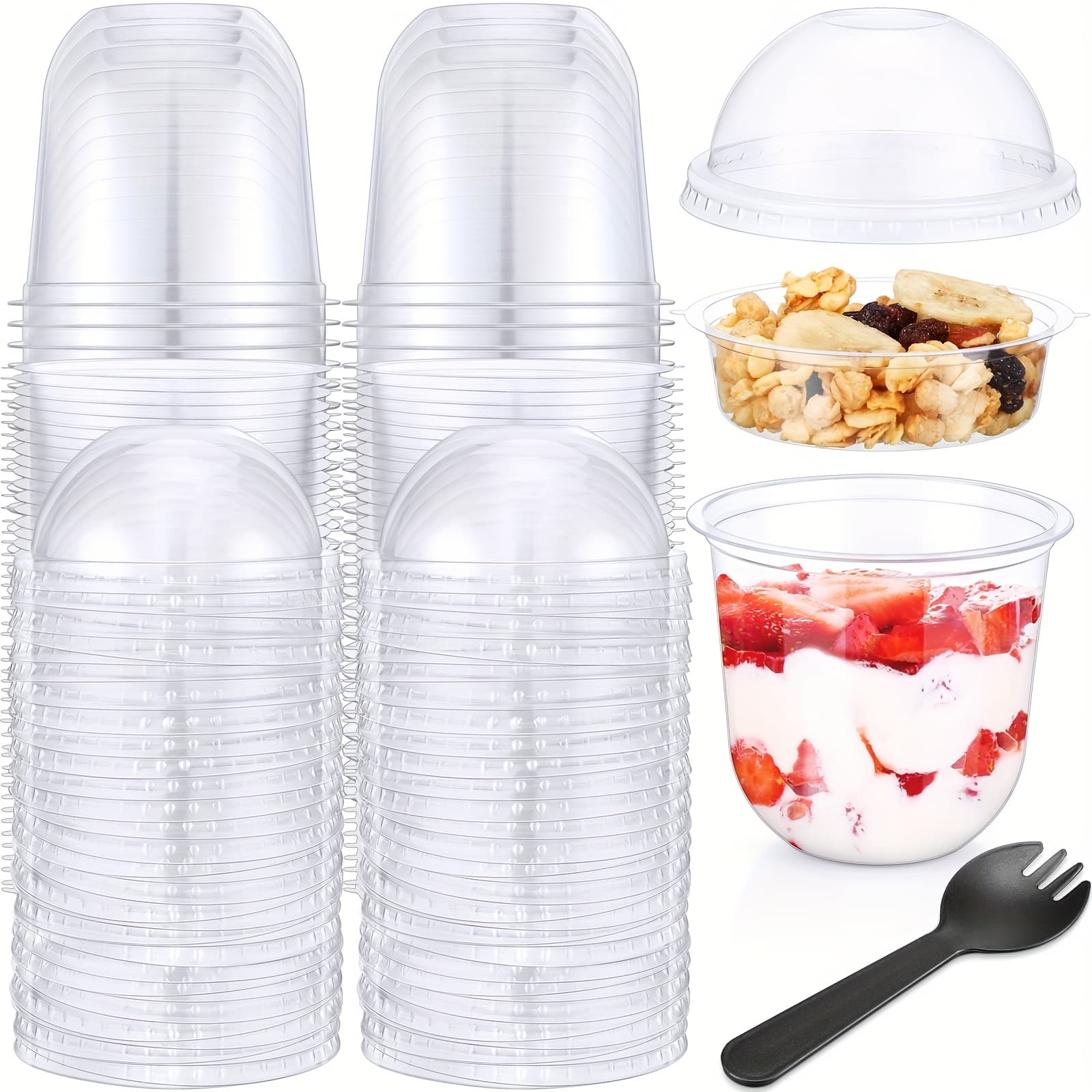 TEMU 100 Pack 12oz Clear Plastic Parfait Cups With Dome Lids No Hole Disposable Party Dessert Cups With Lids Insert Spork Round Fruit Containers With Lid For Cereal Ice Cream
