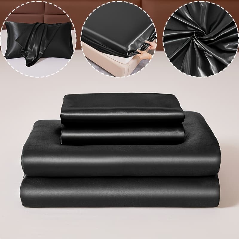 TEMU 3pcs 80g Solid Color Satin Fitted Sheet And Pillowcase Set Bedroom Home Bedding (1 Flat Sheet 2 Pillowcases Without Pillow Core)