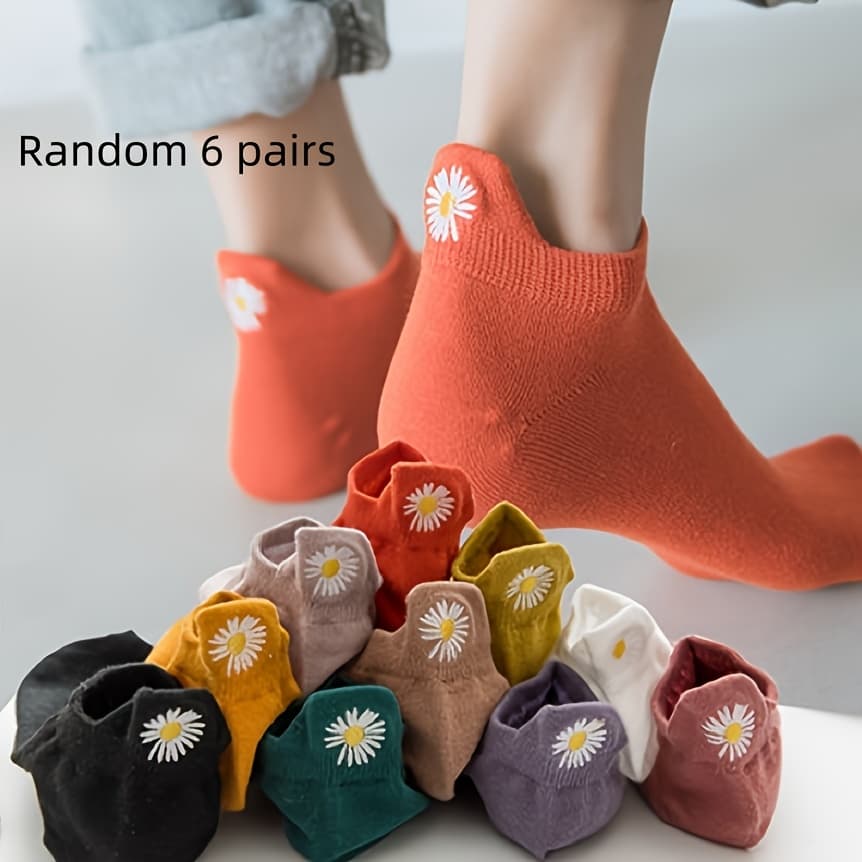 TEMU 6/10 Pairs Random Floral Embroidery Invisible No-show Socks Simple Colorful Design Stretchy Breathable Casual Sports Style