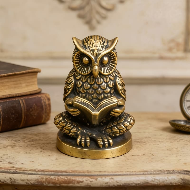 TEMU European Vintage Brass Wisdom Owl Reading Ornament, Seated Reading Owl Statue, Room Office Study Desktop Decorative Craft, Suitable For Tea Pet Display, Gifts For , Collectible For