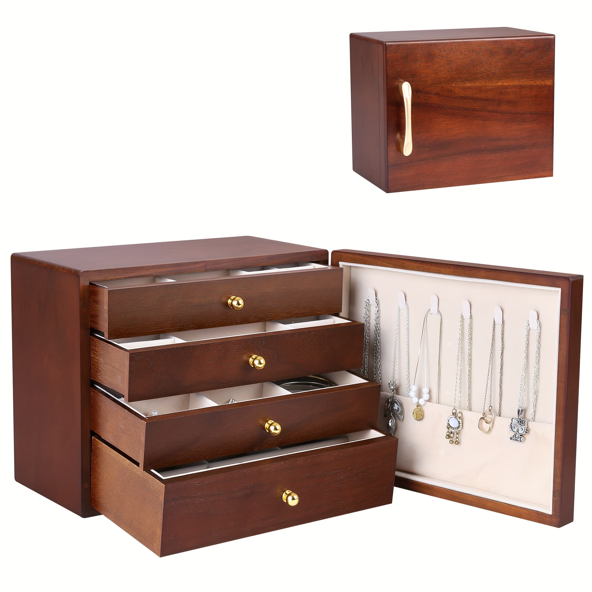 TEMU Ladies' Wooden Jewelry Box, Four-tier Wooden Jewelry Organizer With Side Opening Door, Single-door Jewelry Display Stand For Earrings, Necklaces, Rings – Perfect Christmas & Halloween Gift