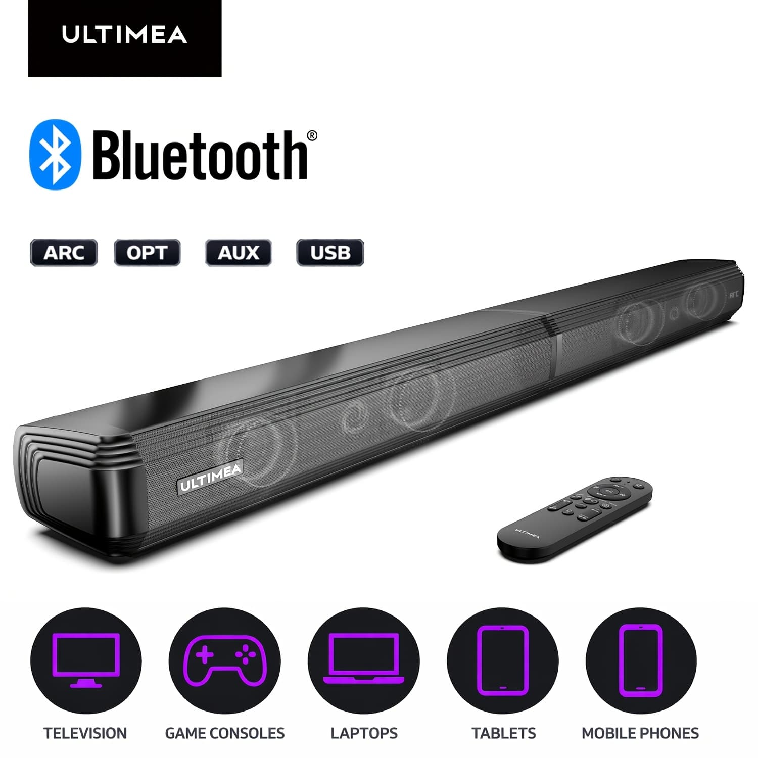 TEMU Ultimea 2.2ch Sound Bar For Smart Tv, Power 100w, 2-in-1 Detachable Soundbar For Tv, Adjustable, Bluetooth 5.3, 3 Eq , Optical/aux/wall Mount