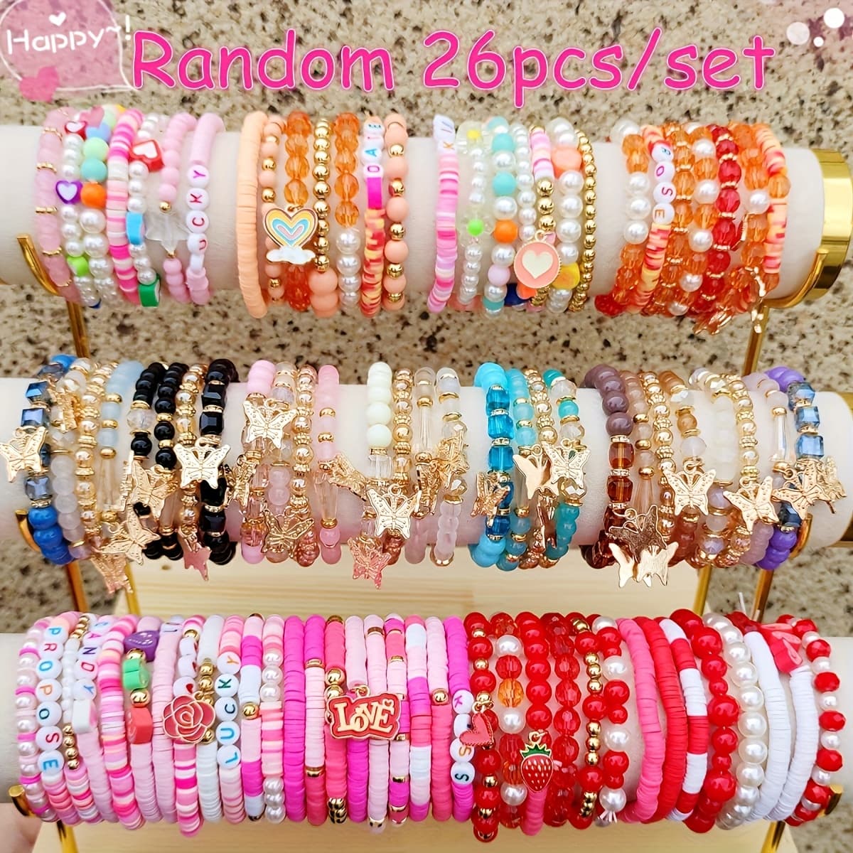 TEMU Gift For Her/him 26pcs Bohemian Polymer Clay Beaded Bracelet Set - And Heart Charms, Perfect For Casual Attire & Gifting To Your Bestie (mixed Random)