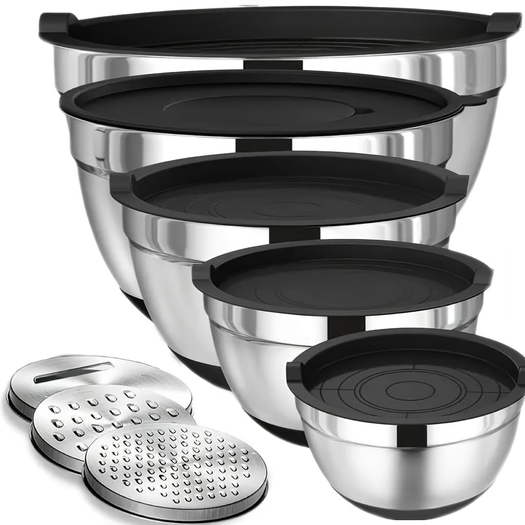 TEMU 8pcs/1pc Mixing Bowls With Lids, Stainless Steel Kitchen Cookware, Non-slip Silicone Base, Includes Lids, Dishwasher Safe, Black