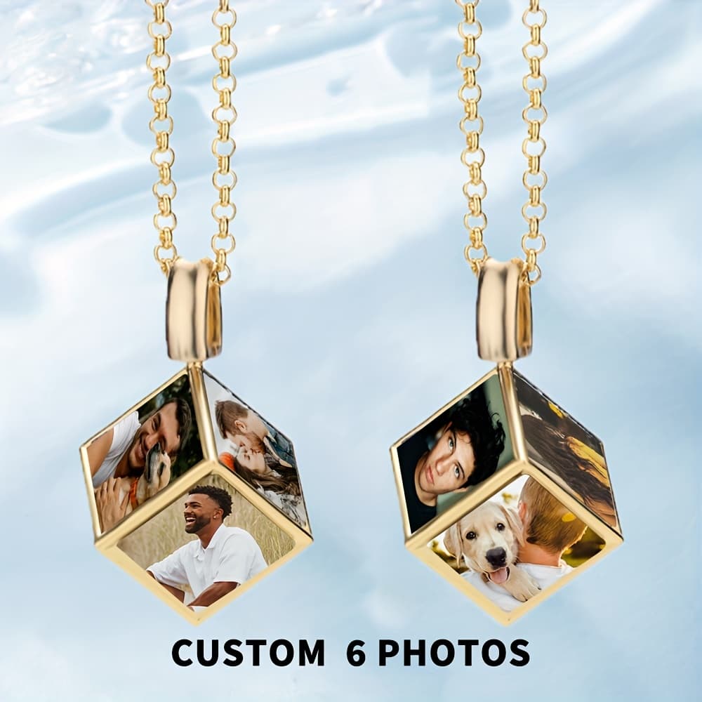TEMU [ Customized Product ] 1 Cube Pendant Necklace - Fashion Accessory, Wedding Commemorative Gift, Customizable With 6 Images (golden)
