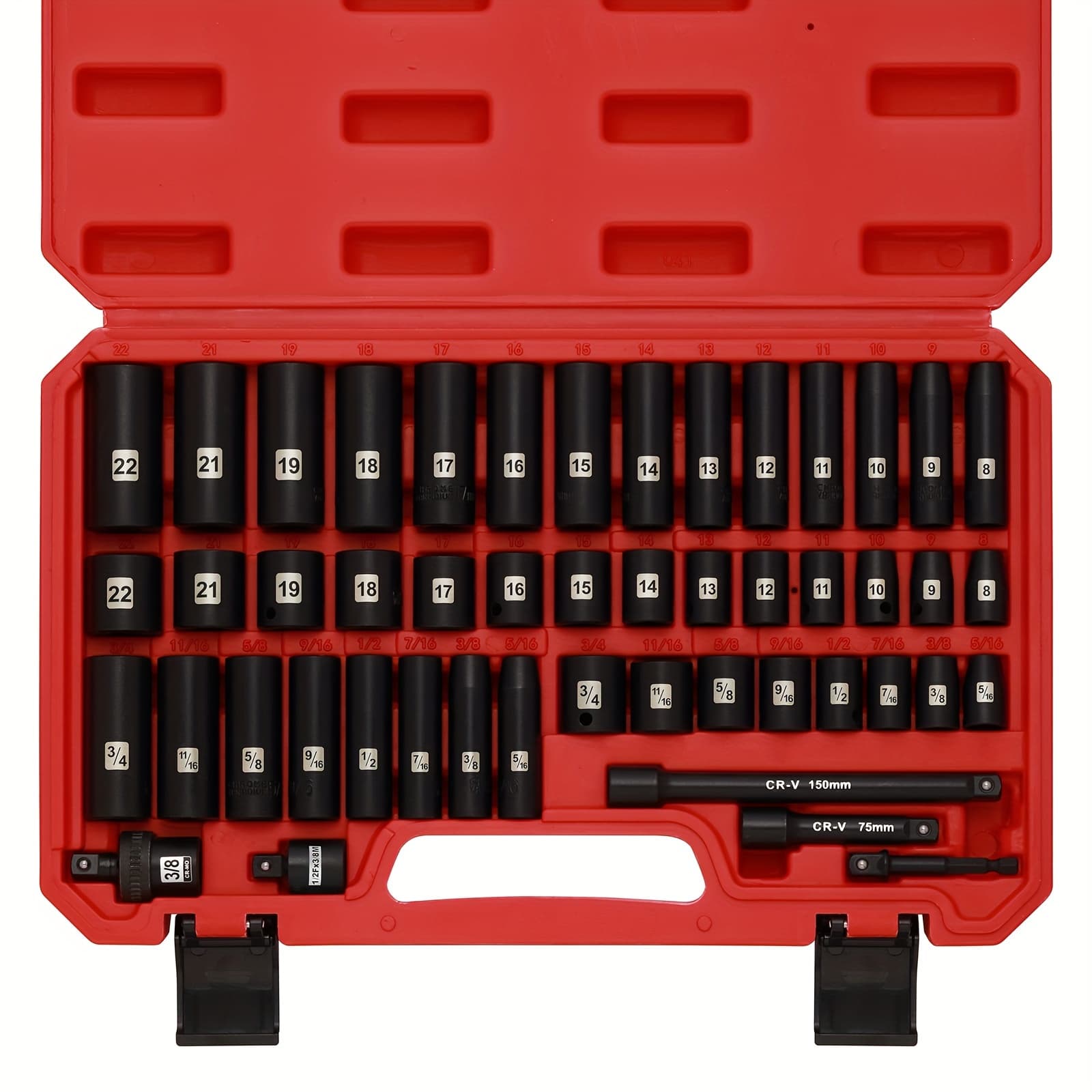 TEMU 49pcs 3/8" Drive Impact Socket Set, 5/16"-3/4", 8-22mm, Sae/metric, 6 Point, , Includes 3", 6" Extension Bar, 3/8" Universal Joint, 3/8" To 1/2" Adapter,, 1/4" To 3/8" Drill Adapter