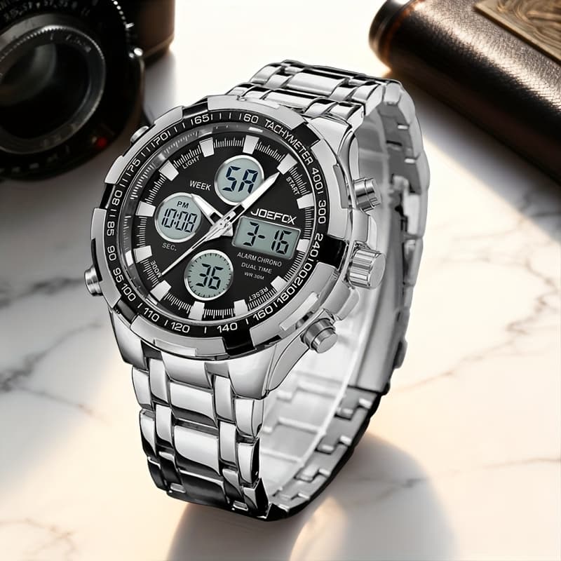 TEMU Joefox Men's Luxury - Watch - Large Face , Stainless , Led Backlight 3atm Waterproof Chronograph And Alarm Wristwatch