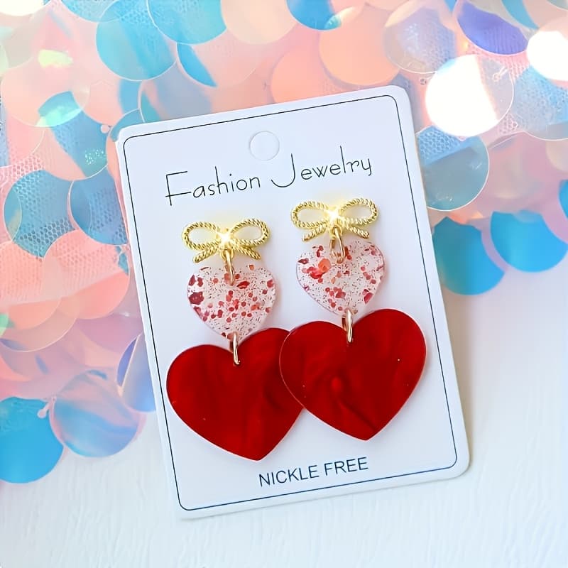 TEMU 1 Pair Of Acrylic Red Heart And Bow Decoration Earrings, Cute And Elegant Heart-shaped Earrings, Suitable As Holiday Gifts For , Party Accessories, Suitable For Daily Life And Parties