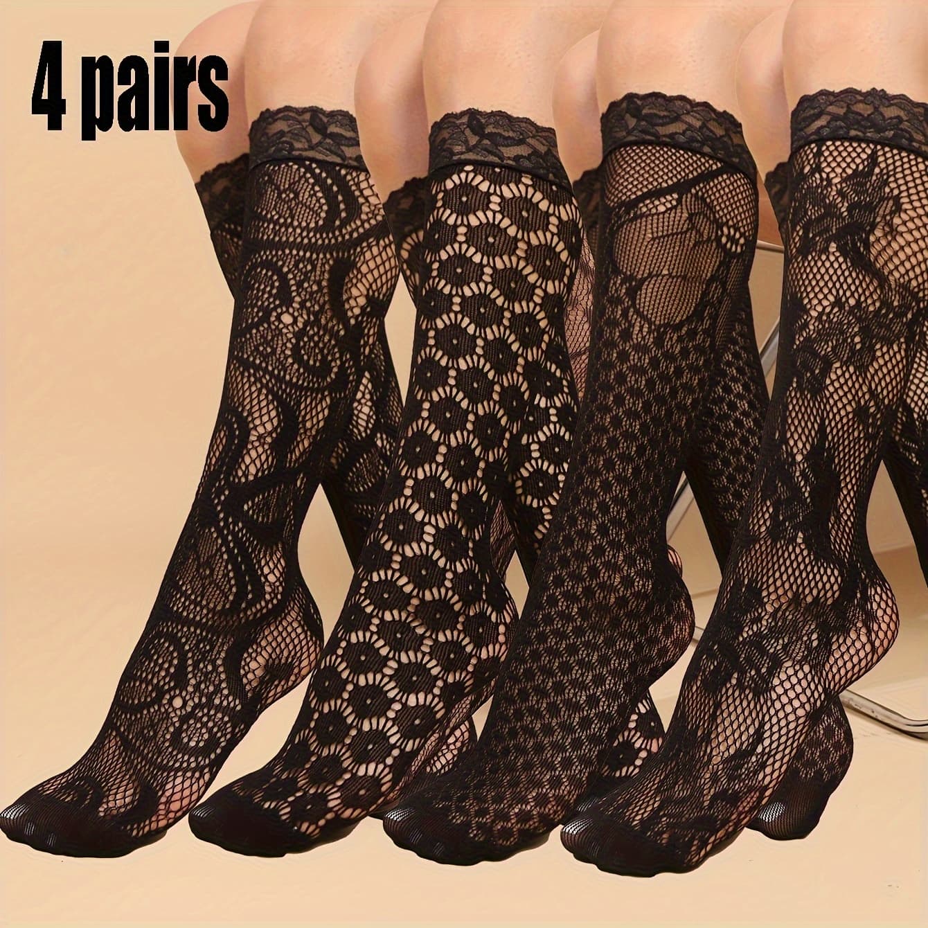 TEMU 4 Pairs Of Women's Lace Mid-calf Socks, Lightweight Summer Socks, Socks For Women, Knee-high Styles