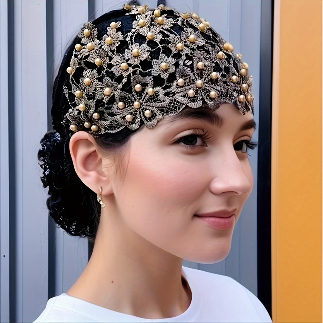 TEMU Elegant Decal Beaded Lace Women's Hat, Women's Ramadan Hair Hat, Stretchable, Soft And Comfortable, Daily