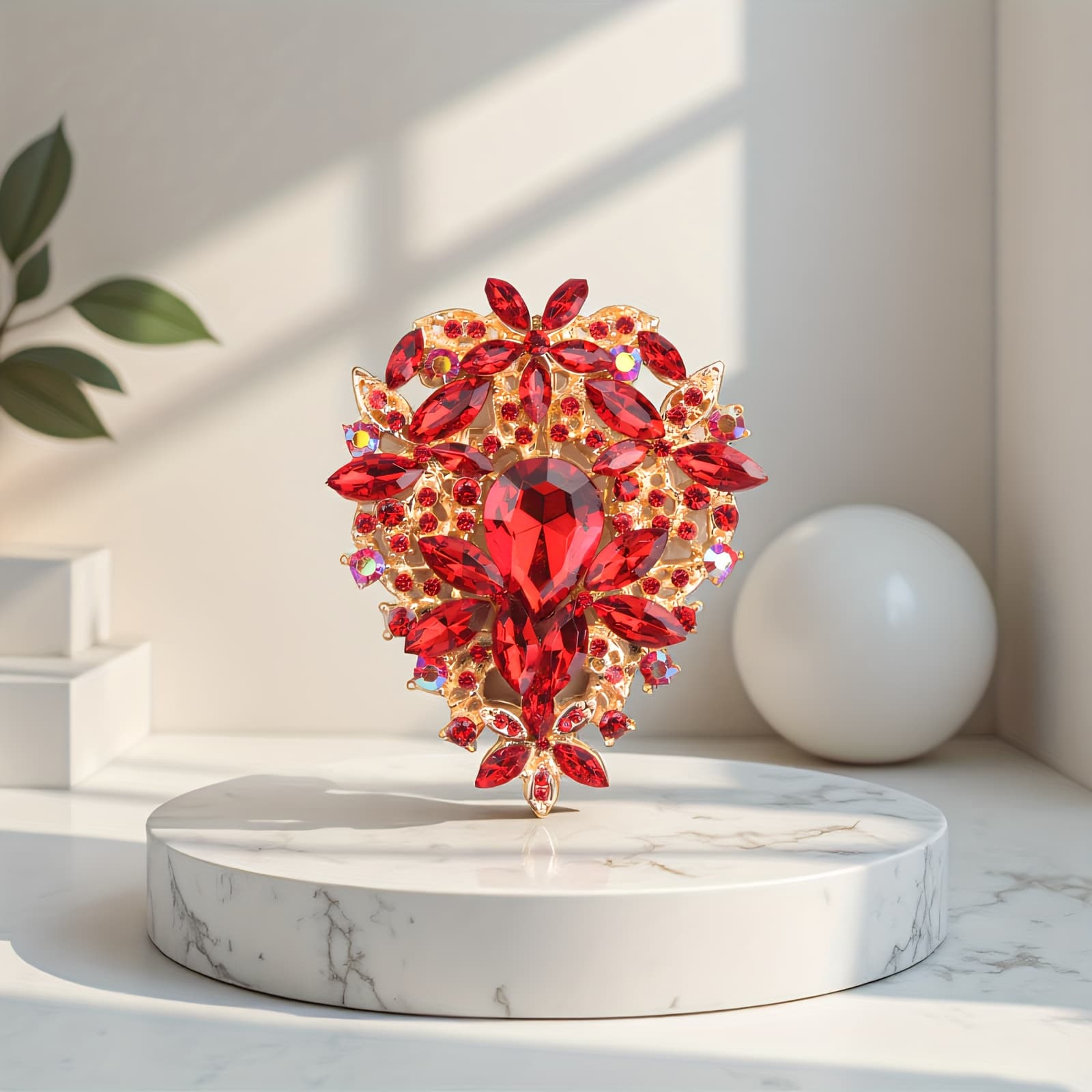 TEMU Gorgeous Celebration - Style Brooch – For Formal Banquets, , Luxury . Matches Red Gowns, Satin Wraps, Clutches. - Festive Charm With A Heart - Shaped Design, Red Rhinestones, Colorful Accents