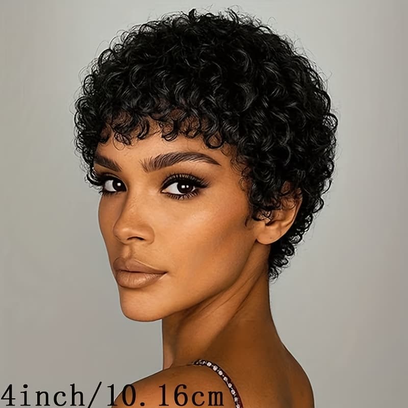 TEMU Short Cut Wig Human Hair Afro Curly/kinky With Bangs - Black 200% Density African Style Wig Suitable For All Light Beige Tones & Daily Wear