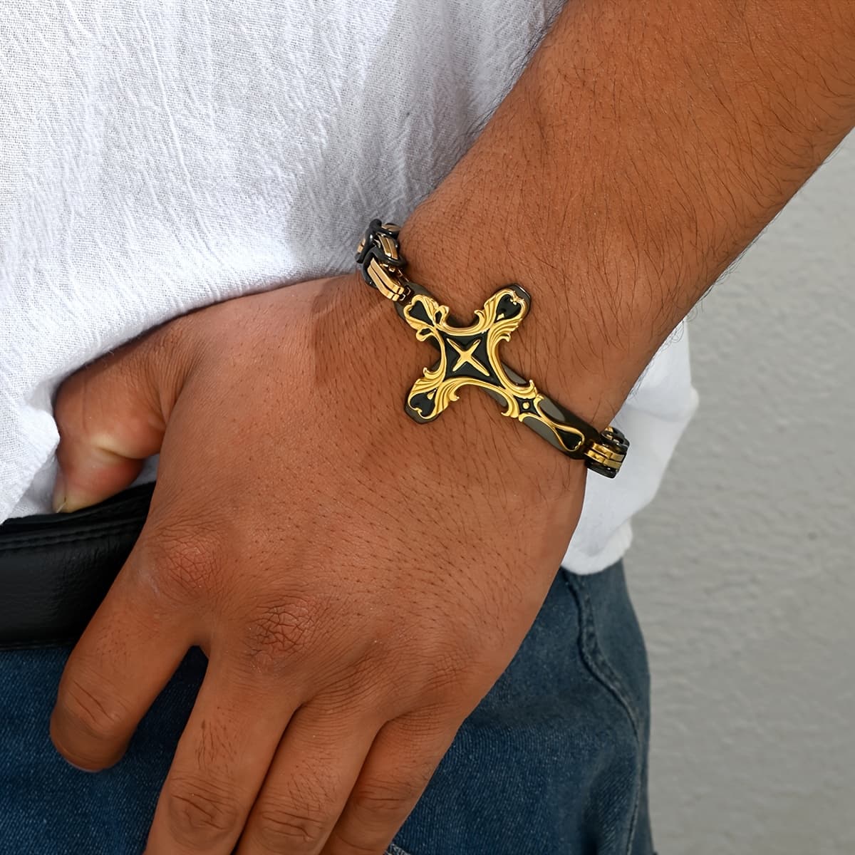 TEMU Upgrade Beautifully Carved 316l Stainless Steel Cross 8 Thick Cuban Chain Bracelet For Men's Gift