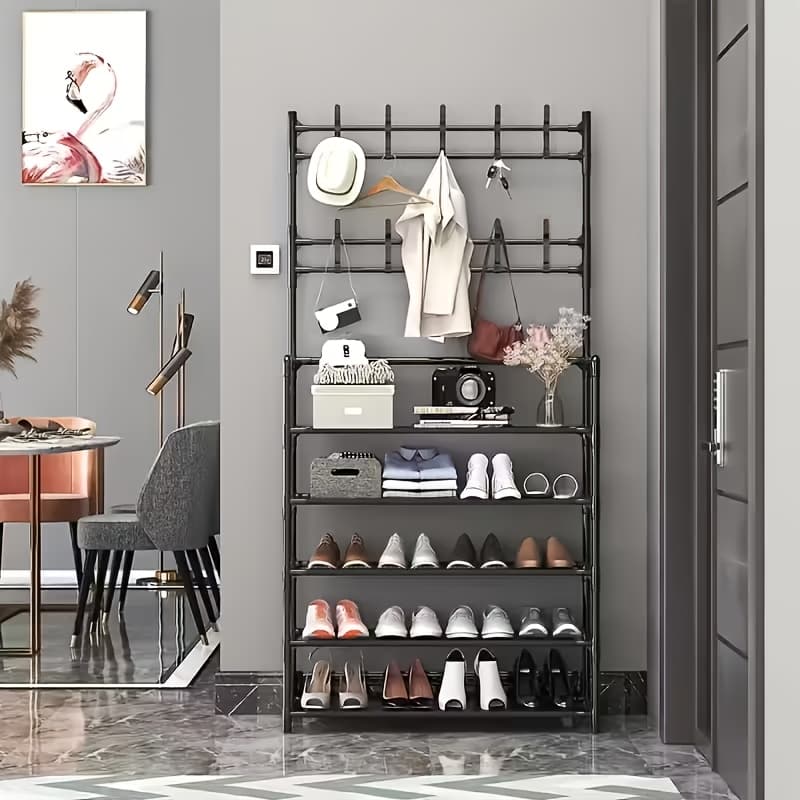 TEMU 5-tier Shoe Rack & Coat Metal Rack With 10 Dual Hooks - Space-saving Storage Solution For Entrances, Living Rooms, Bathrooms And - Individual Entrance Shoe Racks Provide Space.