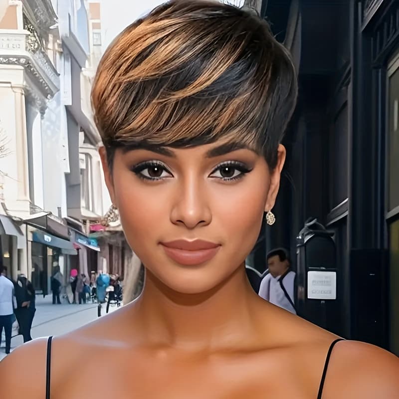 TEMU Short Cut Human Hair Wig - Black With Brown Layered Straight Style For Women, 6 Inch 150% Density Natural Look For Fashion Accessory Realistic Hair Texture, Short Human Hair Halloween Wigs