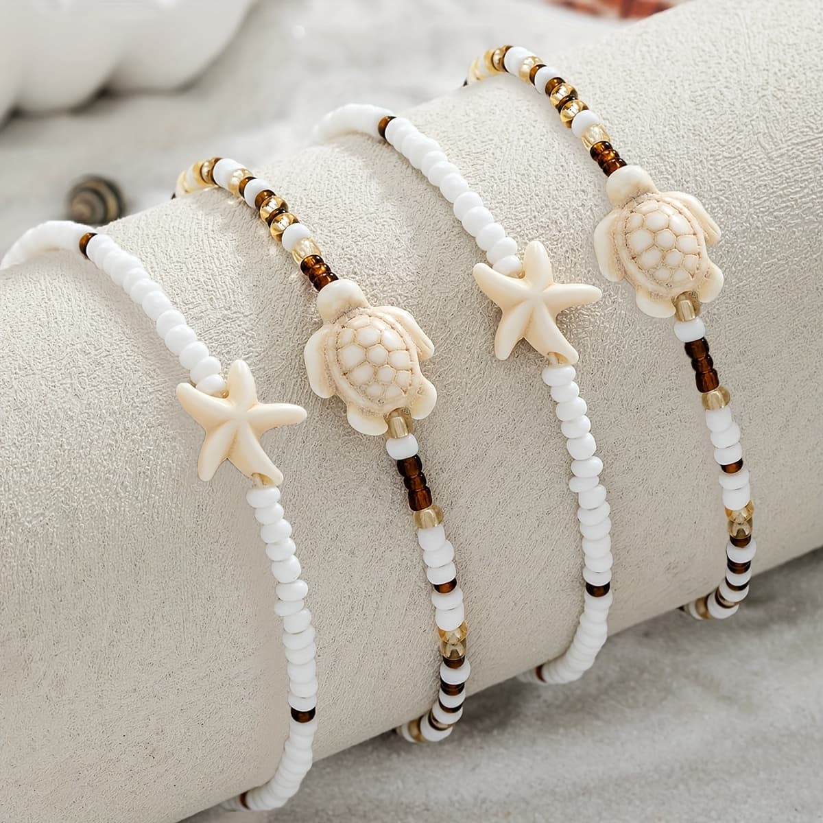 TEMU 4pcs Starfish Turtle Rice Bead Tassel Anklet Set Women's Fashion Stackable Elastic Ankle Chain Jewelry Suitable For Daily Vacation Party Wear