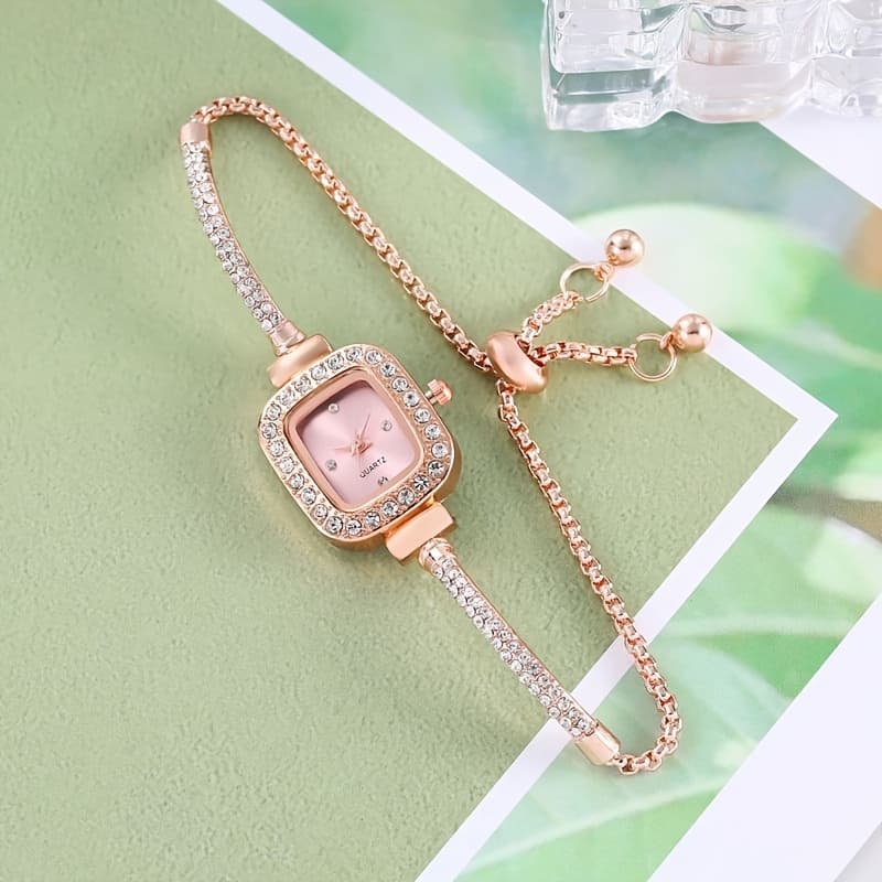 TEMU Elegant -encrusted Square Women's Watch With Adjustable Alloy Band - , Accents & Quartz Movement For Casual And Formal Occasions, Fashion | Elegant Design | Fashionable Accessory