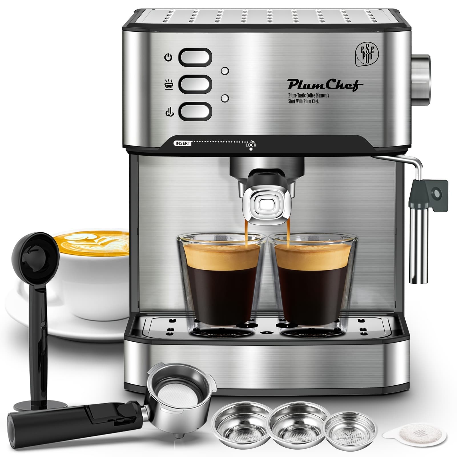 TEMU Plum , Stainless Steel, Dual-brew Espresso Maker, 1.6l Water Tank, User-friendly Controls, Overheating Protection, Great For , Ideal For Home Brewing