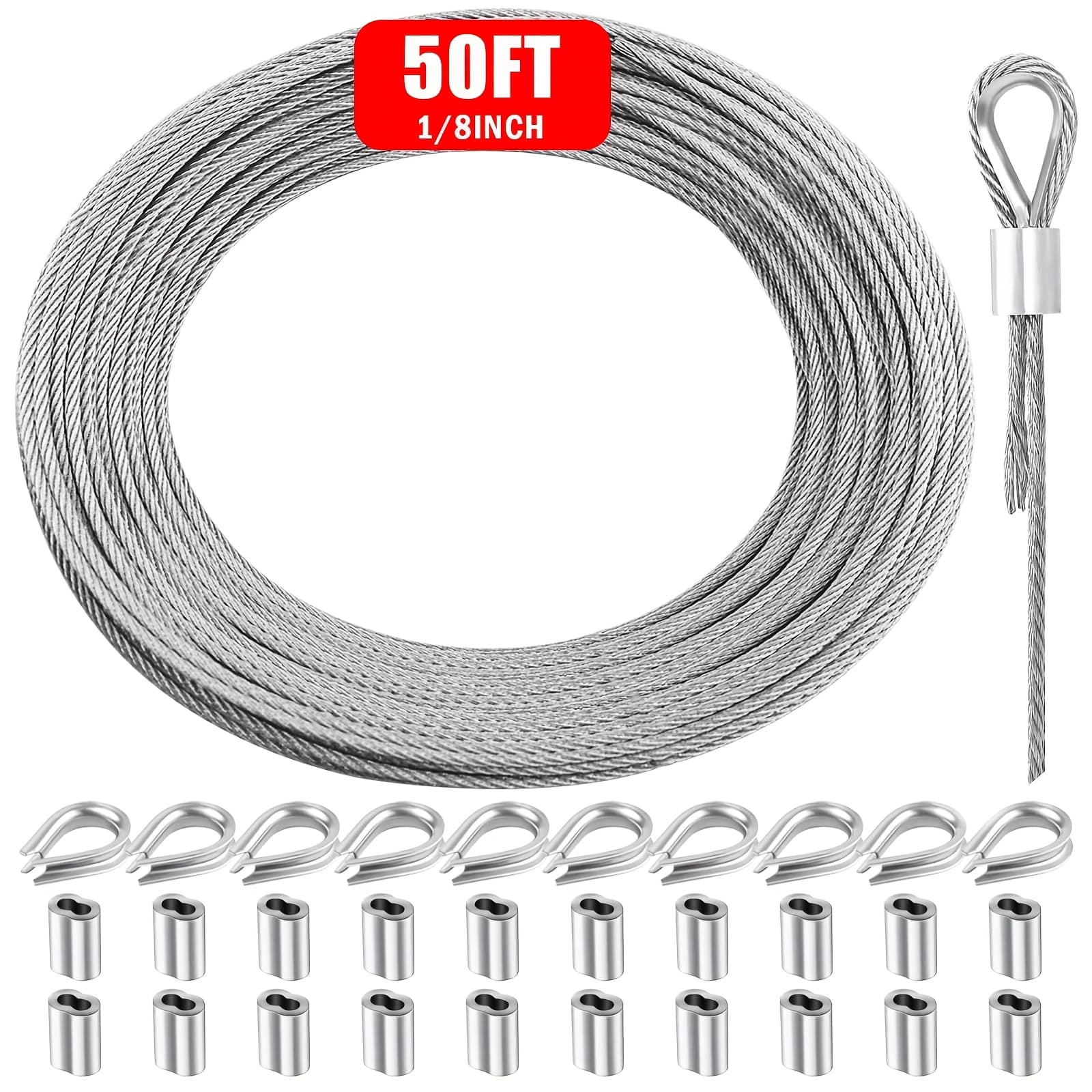 TEMU Metal Wire 1/8in 304 Stainless Steel Cable 50ft/100ft Length 7x7 Strand Core Picture Hanging Wire With Thimbles And Aluminum Sleeves