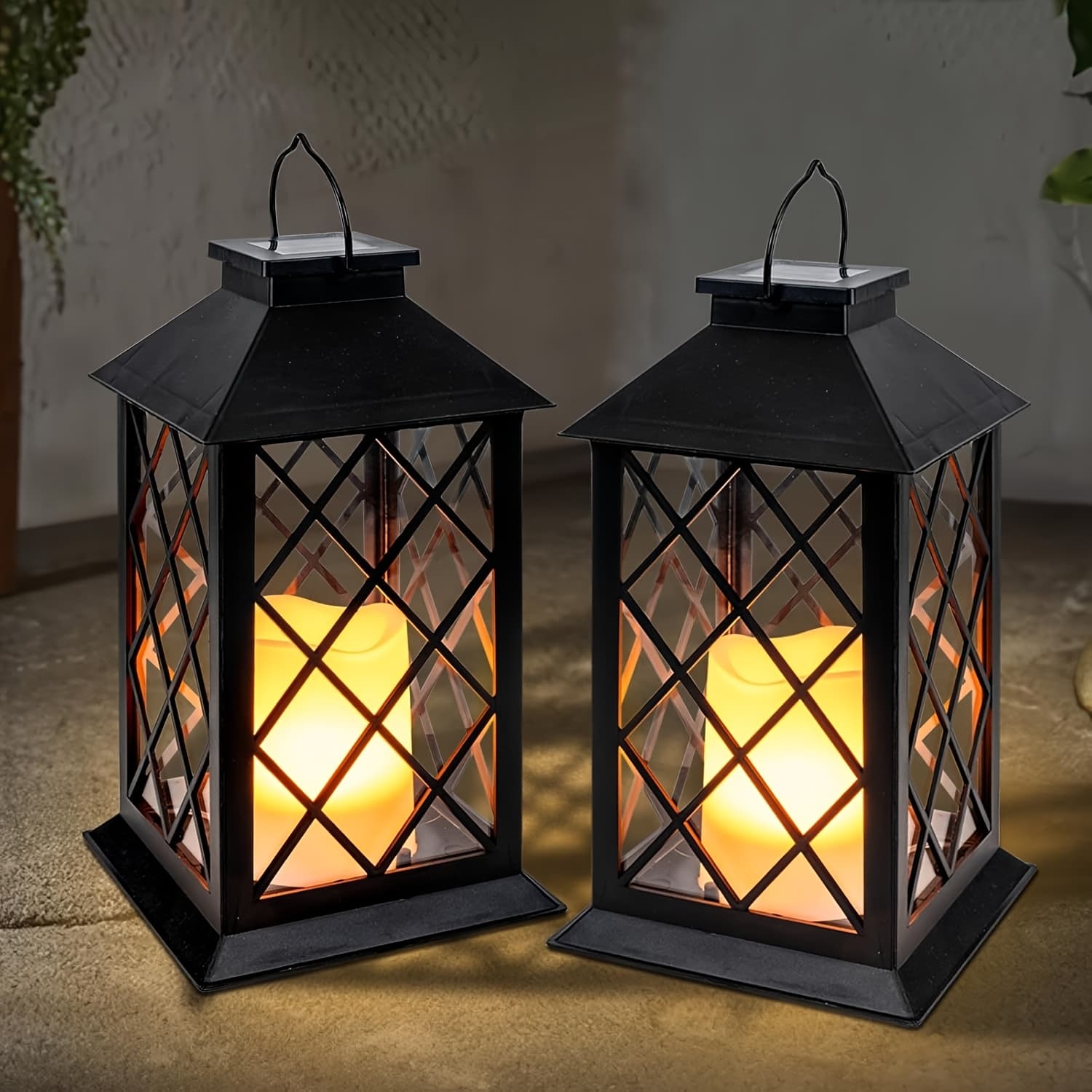 TEMU 2pcs Hanging Lanterns With Flickering Flameless Candles - Outdoor Antique Copper, -controlled Tempered For Patio, Porch, Backyard - Solar Lanterns Suitable For, Balcony, Table Decor