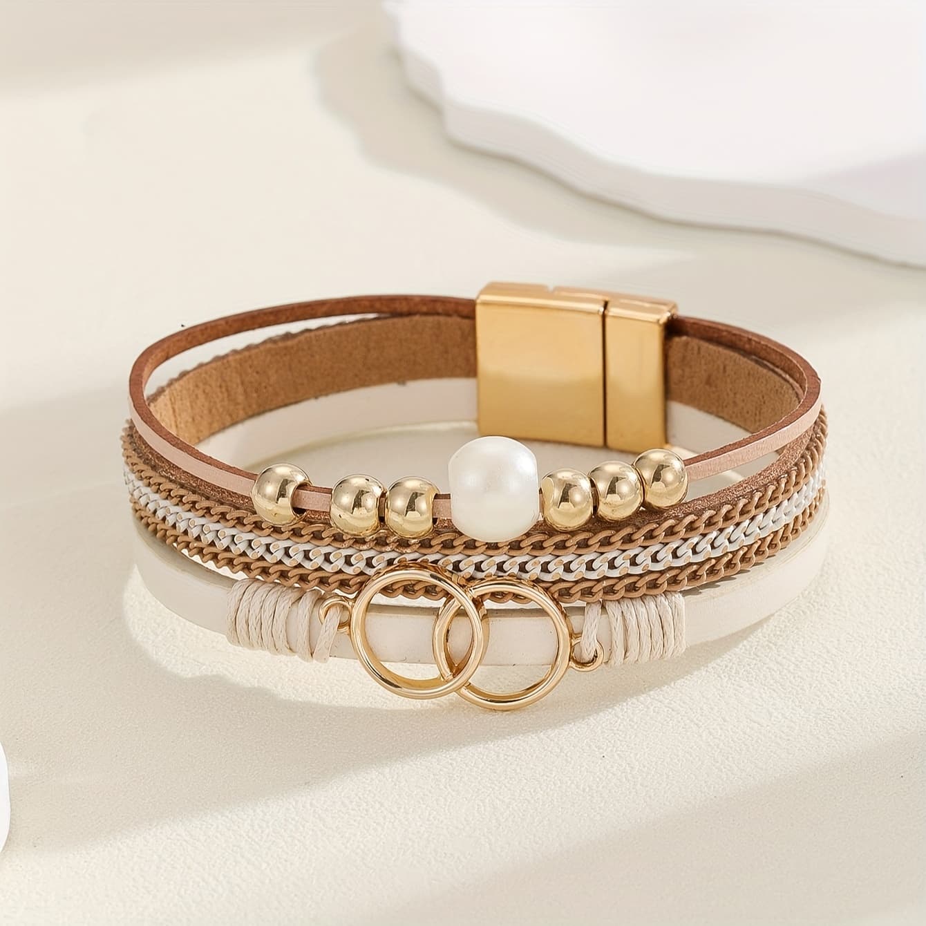 TEMU Perfect Fashion Faux Leather Magnetic Closure Head Jewelry Bracelet For Men And Women's Casual Attire