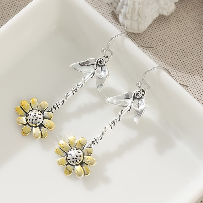 TEMU Boho Ethnic Retro Silvery Color Plants Sunflower Charm Pendant Earrings For Women Holiday Party Jewelry Accessories