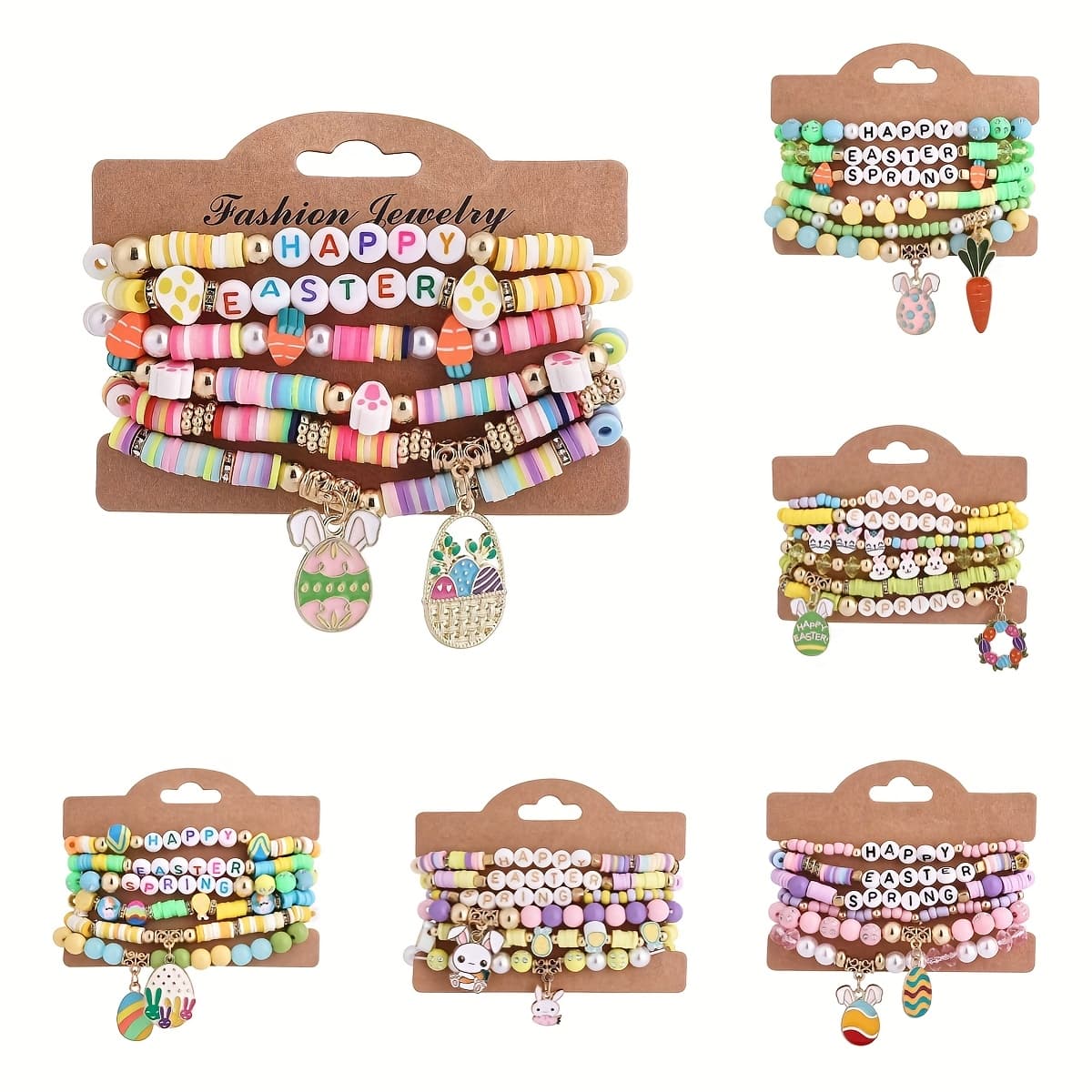 TEMU Set Of 36pcs Vintage Easter Beaded Bracelets Bulk With Egg & Charms, Polymer Clay Stretch Bracelet For Women Girls , Daily & Party Wear