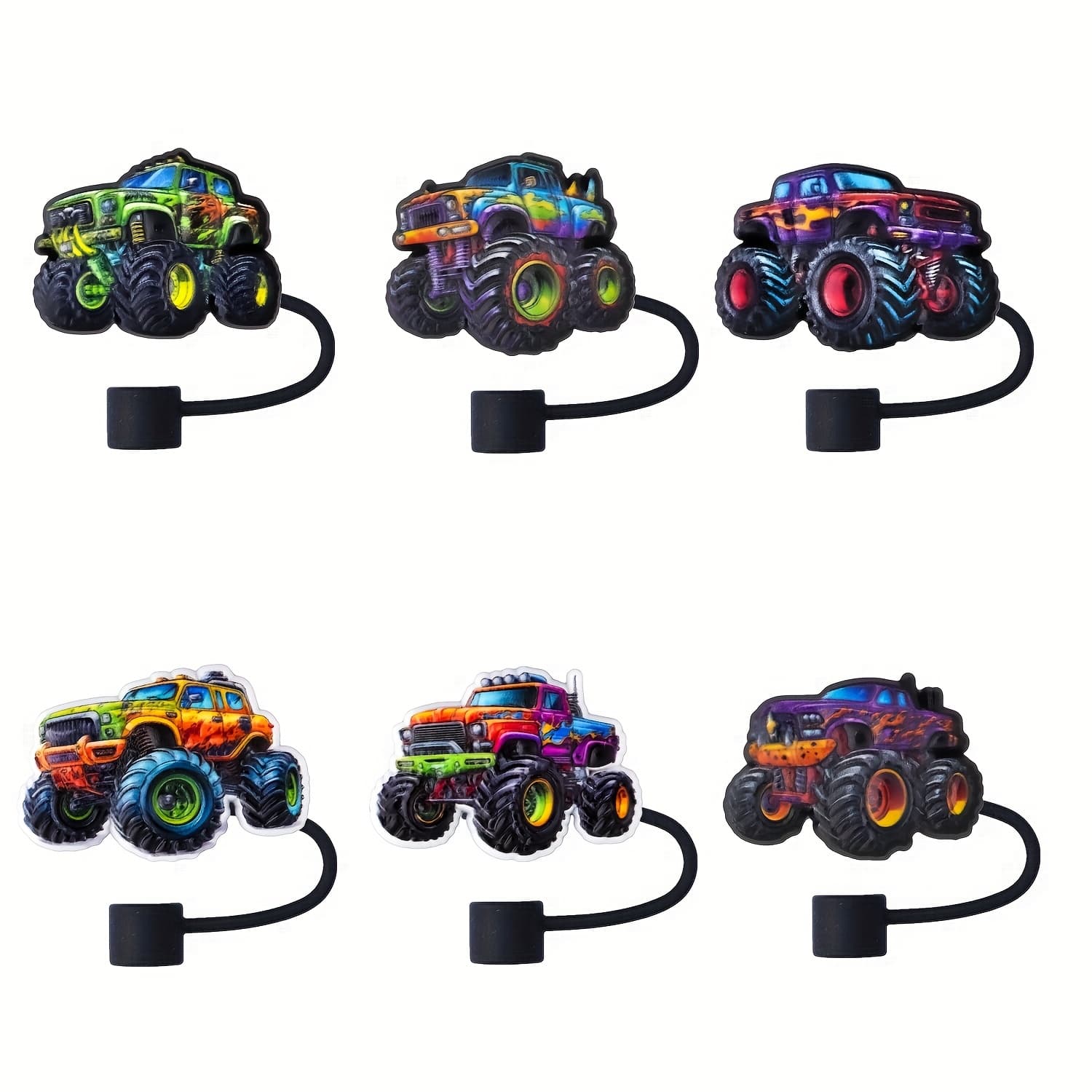 TEMU 6pcs Monster Trucks Straw Toppers Silicone Straw Covers For 40oz Tumblers 10mm 0.4in Straw Decoration Reusable Cup Accessories