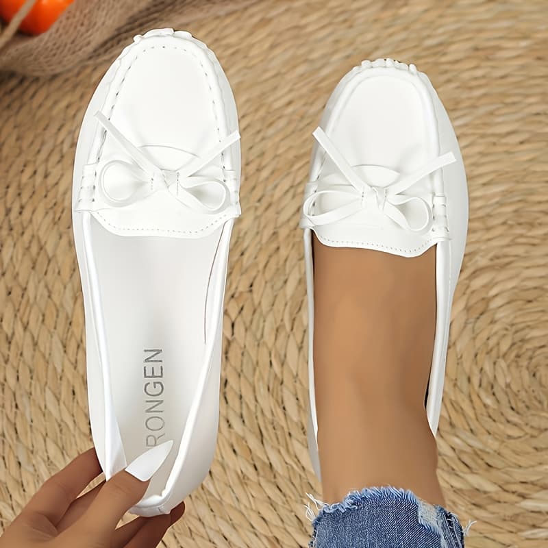 TEMU Women's Casual Loafers- White Synthetic With Bow Details, Soft And Durable Rubber Sole, , Fashionable And Casual Dress Large Size Promotion Soft Sole Beanie Shoes