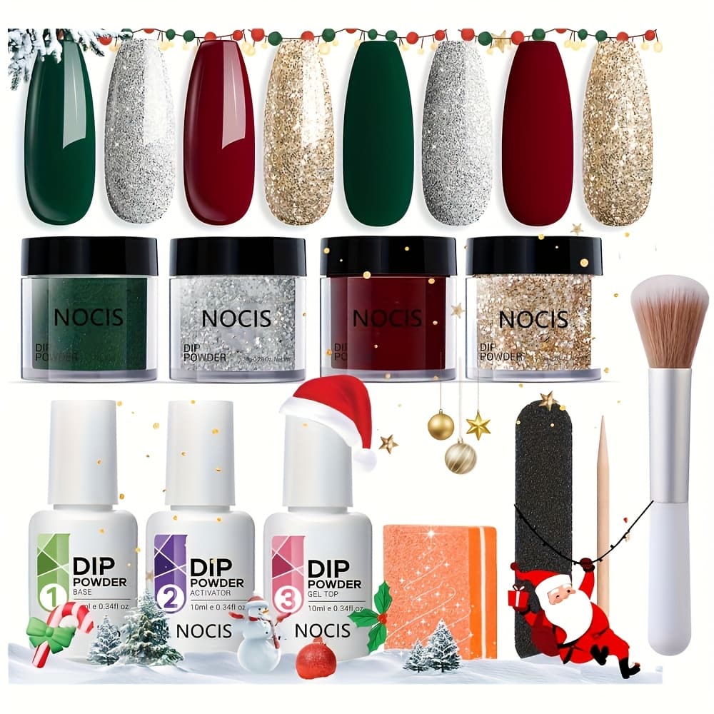 TEMU Christmas Dip Powder Nail Kit Glitter Silvery 11pcs Acrylic Dip Powder Liquid Set With Base/ For French Nail Art Manicure Home Holiday Gifts Set.