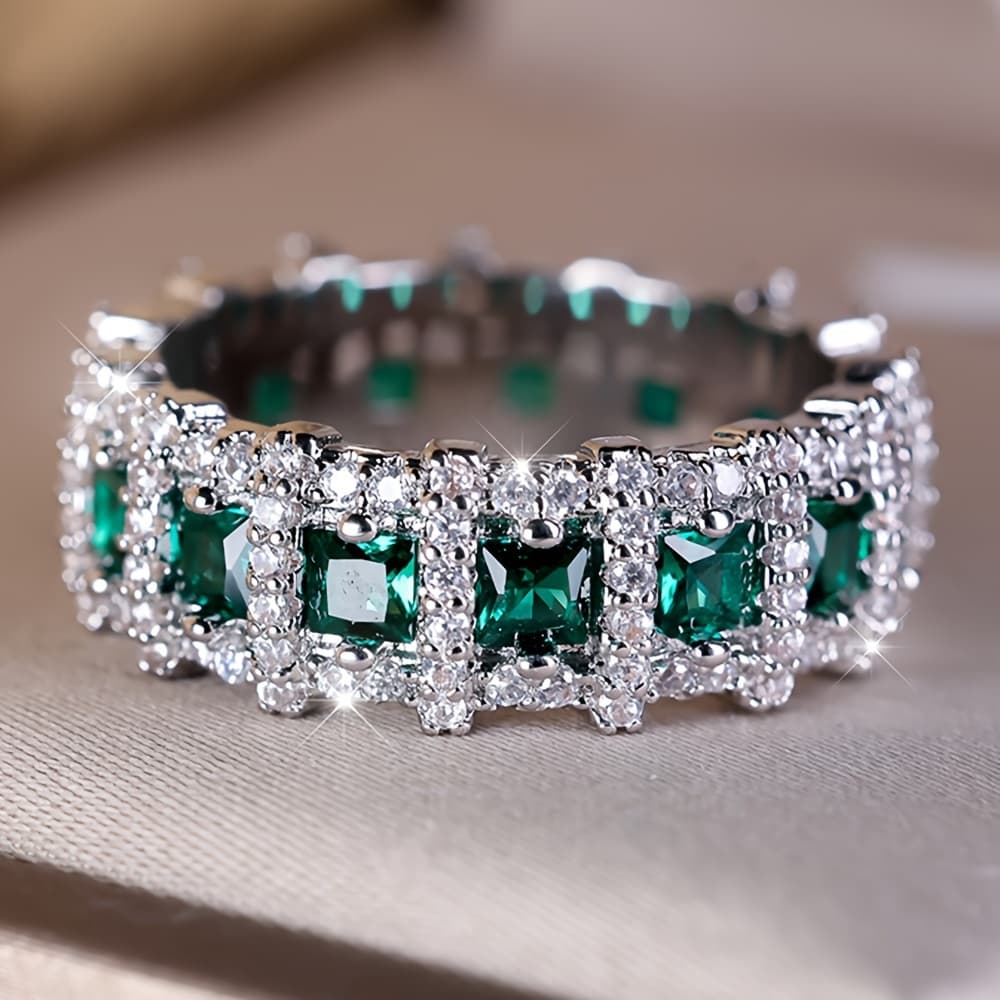 TEMU 1pc Light Luxury Exquisite Super Shimmer Full Zirconia Green Ring Proposal Engagement Valentine's Day Gift Banquet Party Focus