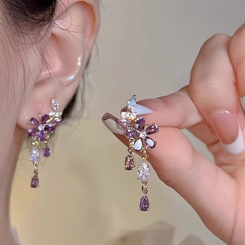 TEMU 1 Pair Of Purple Flower Tassel Earrings For Women, Fashionable, Elegant, High-end, Sweet, Gentle, Versatile Wedding Earrings