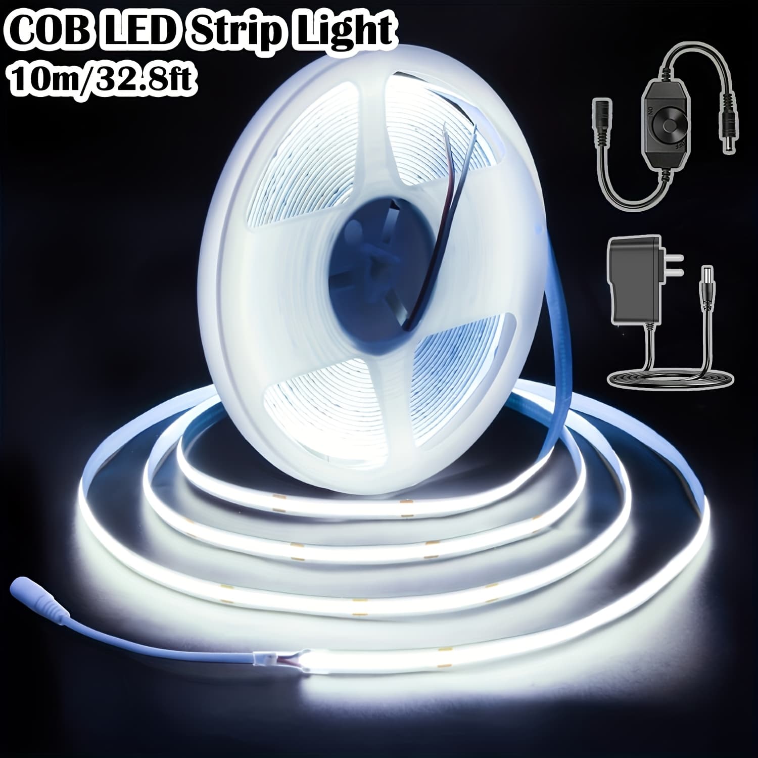 TEMU Cob Led Strip, White/warm White Led Strip Lights 32.8ft/10m, Cob Led Light Dimmable Led Strip, Cri92+, 8mm Width, 24v Flexible Cob Led Tape Light For Tv, Bedroom, Kitchen Cabinet, Closet, Home.