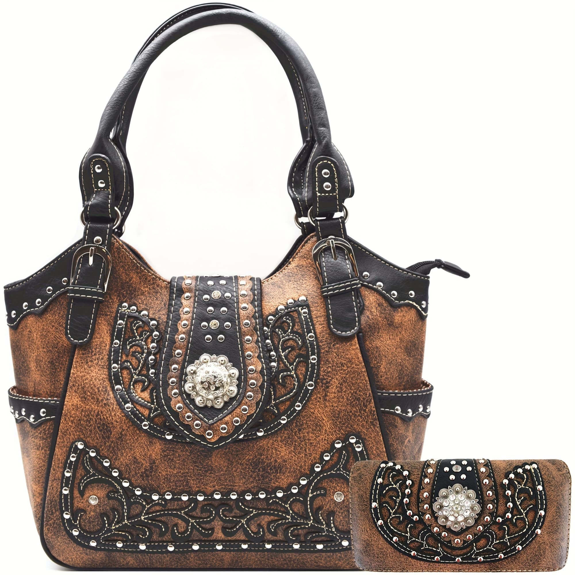 TEMU Versatile Multifunctional Style Studs Floral Berry Studded Purse Country Cowgirl Handbag Women Shoulder Bag Wallet Set Brown