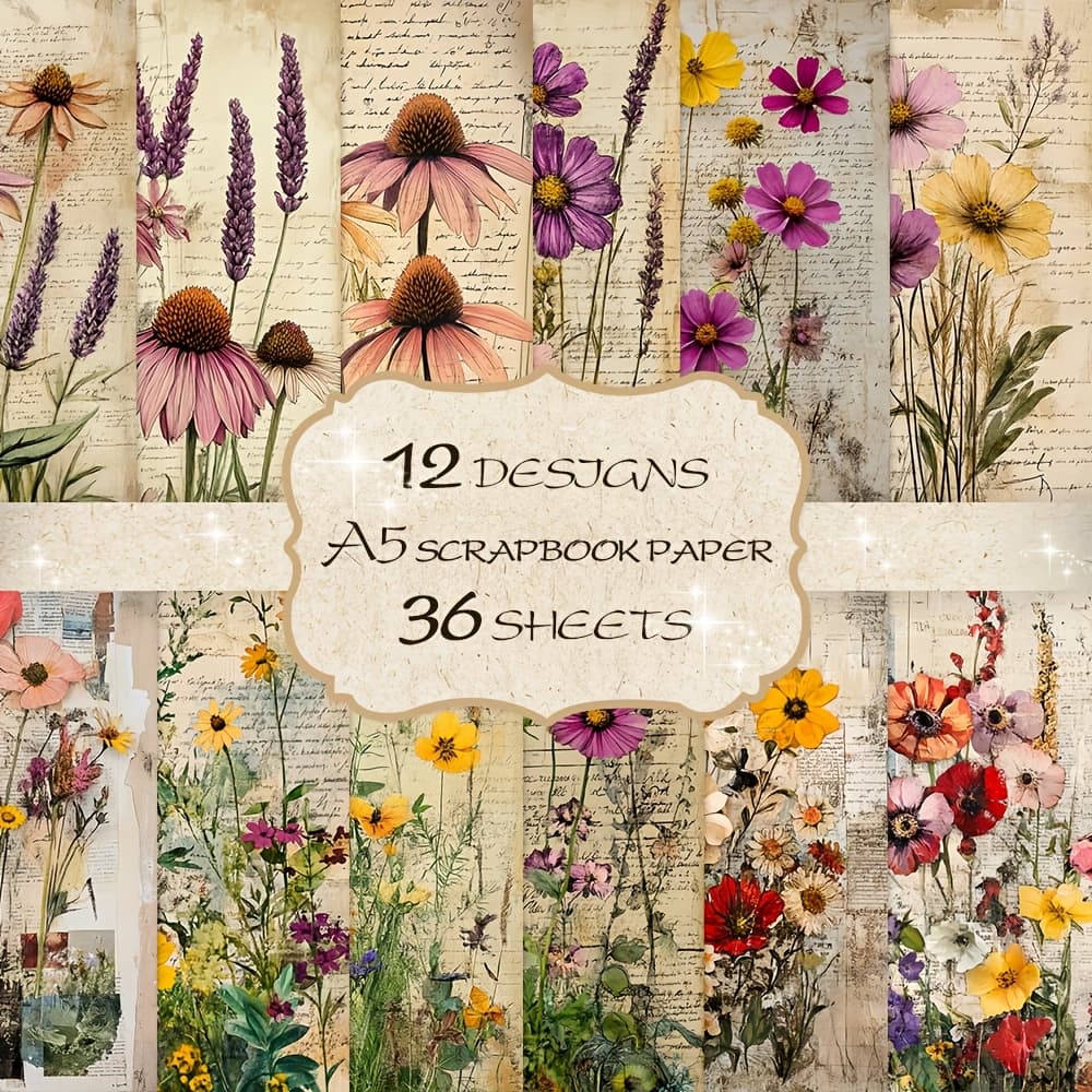 TEMU 36 Sheets (12 Designs) A5 Vintage Journal Paper - Rustic Primitive Blank Pages With Floral, Farmhouse Patterns For Scrapbooking, Diy Crafts, Card Making & - For Calligraphy, Drawing Supplies