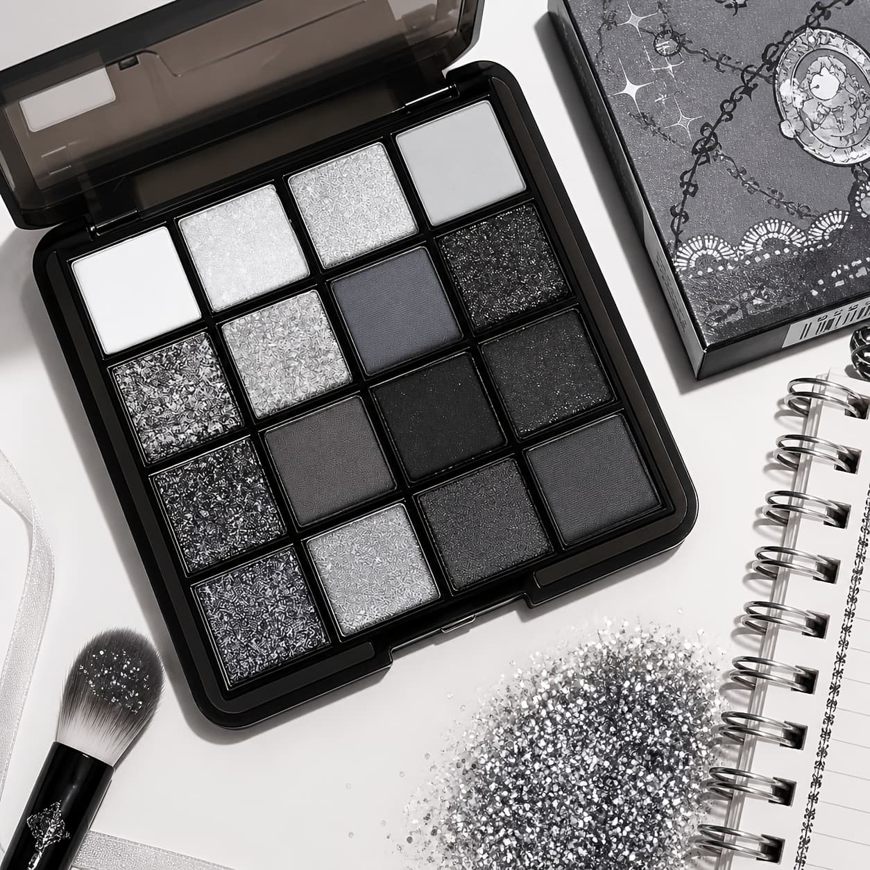 TEMU 16-color Smokey Eyeshadow Palette, Matte Shimmer Glitter Eye Makeup, Black Grey Silvery , Long-lasting Waterproof