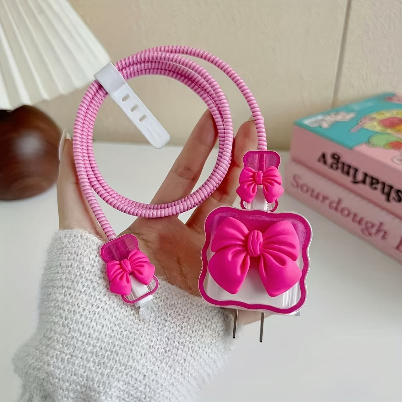 TEMU 3d Rose Red Bow Suitable For Iphone 18/20w Charger Data Cable Protective Case, Anti-break