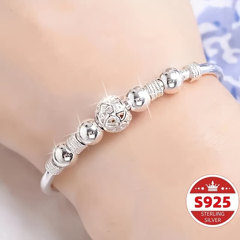 TEMU Beautiful S925 Sterling Silver Bead Bangle Bracelet - Long-lasting, Allergy-free, Water-resistant Jewelry Gift For Ladies - Ideal For Any Event Or As A Considerate Gift