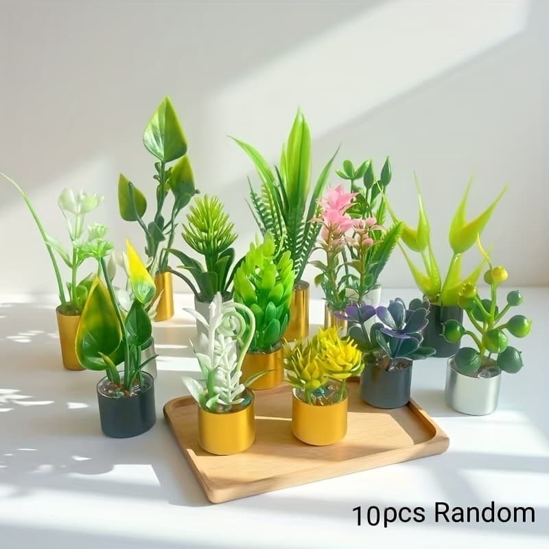 TEMU 5/10pcs Mini Simulated Green Plant Pot, Artificial Flower, Metal Base, Filling, For Diy Dollhouse Miniature Greenery Decoration Or Car Dashboard Ornament.random