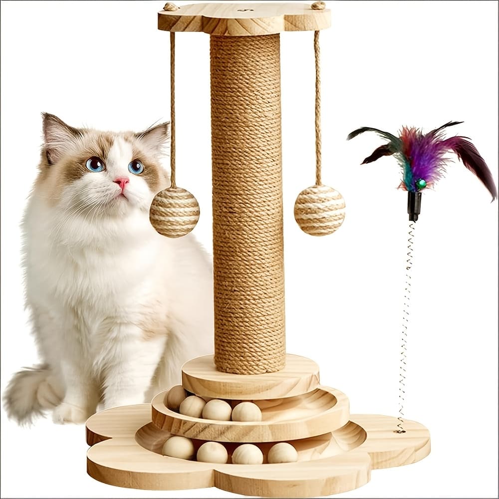 TEMU 18.1 Inch Cat Scratching Post, 4 In 1 Cat Scratcher Toy Scratch Post With 2 Level Cat Track Balls, Interactive Feather Toy And 2 Sisal Hanging Balls For Indoor Kittens, Adult Cats