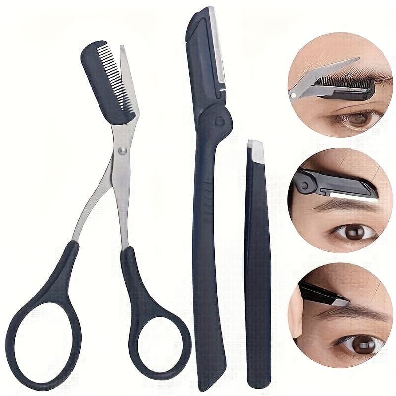 TEMU 3-in-1 Stainless Steel Eyebrow Grooming Set, Eyebrow Scissors With Comb, Tweezer & Razor, Multi-functional For , Unscented Exfoliating Facial Tool - Includes 1 Razor, 1 Tweezer, 1 Eyebrow Trimmer