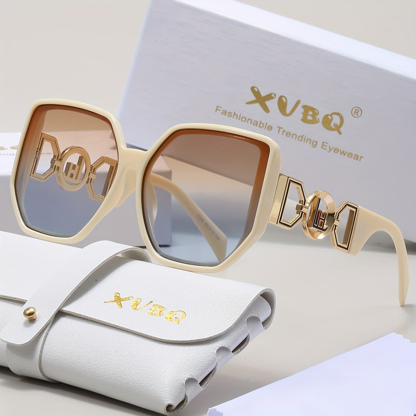 TEMU Exvbq Women's Large Frame Square Glasses | Black And Purple Gradient Lenses, Golden Metal , , Includes Soft Cloth Bag And Box, Suitable For Casual/formal Wear