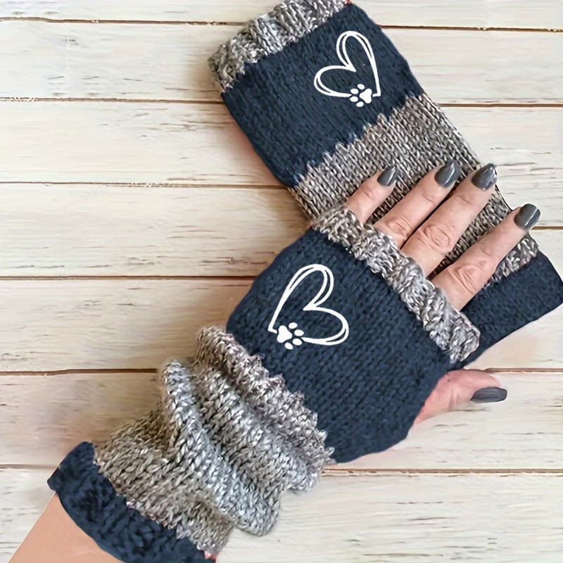 TEMU Autumn/winter Heart-shaped Paw Print Embroidered Color- Contrast Thermal Mittens
