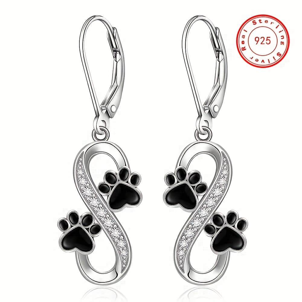 TEMU 925 Featuring Cat And Dog , Black Cat Paw Earrings For Women, An Option For Valentine's Day Gifts For Women, Infinity Puppy Earrings As Memorial Jewelry For Pet Lovers